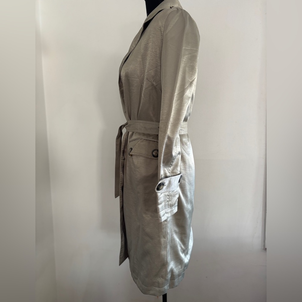 Vintage Italian made Silky Shiny Cotton Trench Coat w Belt light Stone US SZ 2 - Picture 2 of 7